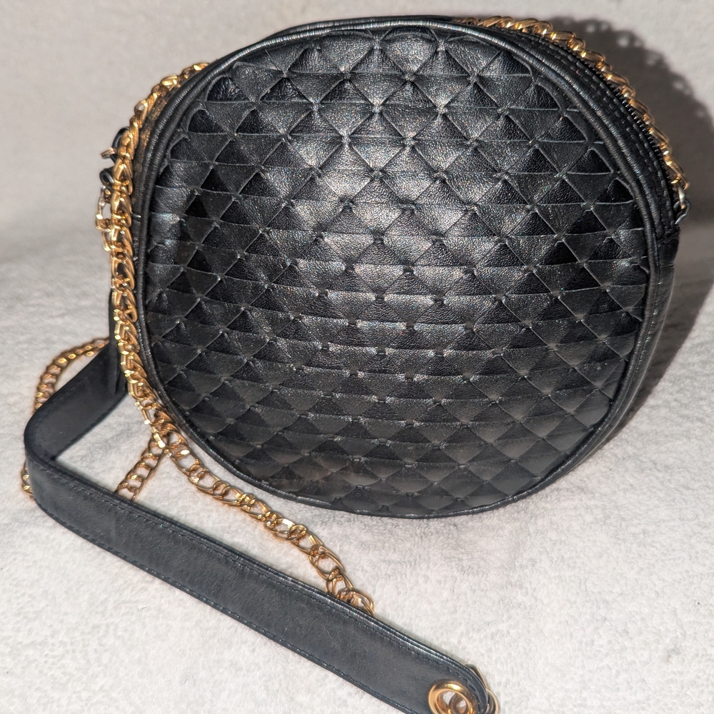 Ganson Black Woven  Leather Crossbody Bag With Gold Chain.